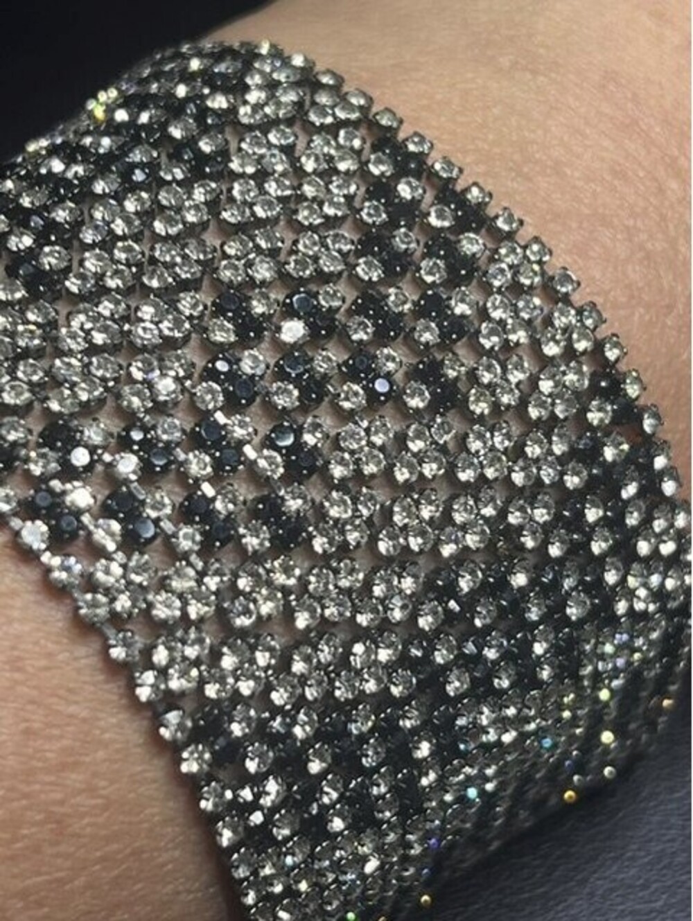 B6168 Ralph Lauren Wide Bracelet Rhinestone Crystal Black White Mesh Back 7.5"